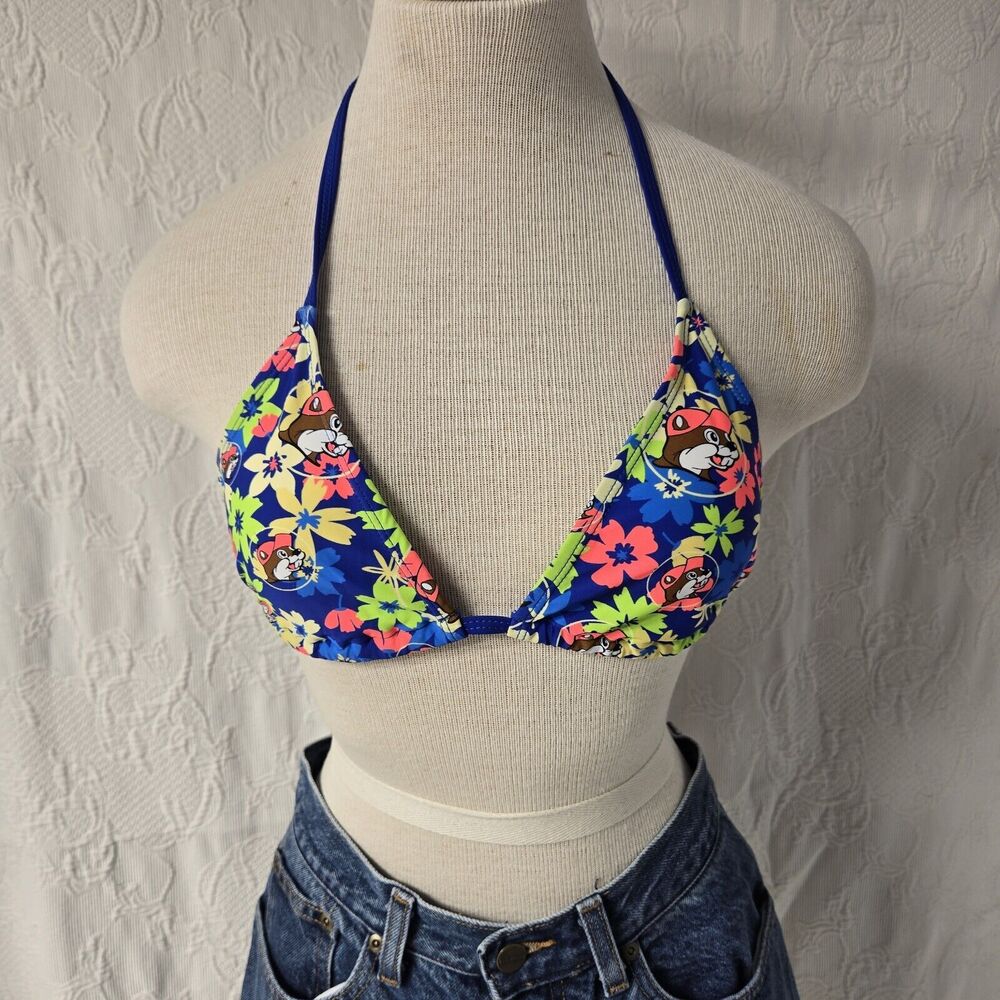 Buc-ees Womens Tropical Bikini Top Small Blue With Flowers